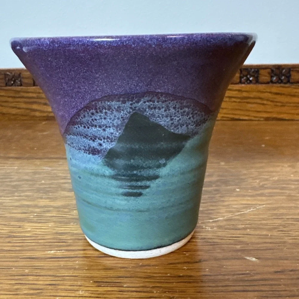 Studio Pottery Vase or Planter Purple Teal Glaze Handmade Ceramic 4.25